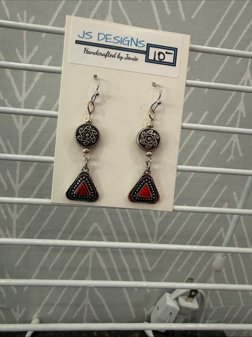 JS Designs Silver-Tone Dangle Earrings with Red Triangle Accents